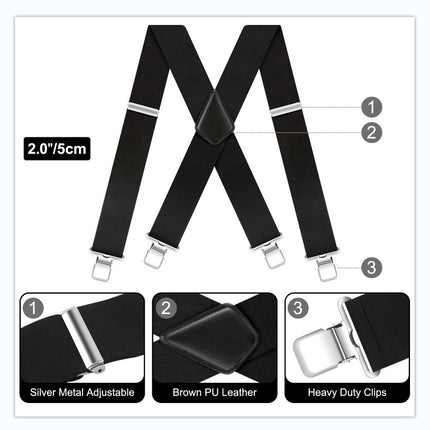 Men's Black Elastic Cross Strap Suspenders with 50mm Width, 5cm Wide Elastic Suspenders, X-Shaped Strong Elastic Suspenders for Foreign Trade