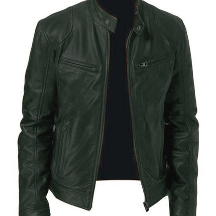 Spring and Autumn Business Gentleman Warm Zipper Cardigan Pocket Decorative Pu Leather Jacket Stand Collar Slim Fit Zipper Leather Jacket