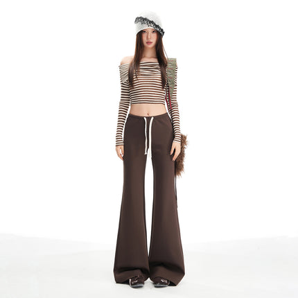 American Fashion Versatile Trendy Casual Pants for Women Early Autumn New Drawstring Mid-Waist Soft Drape Loose Flared Pants