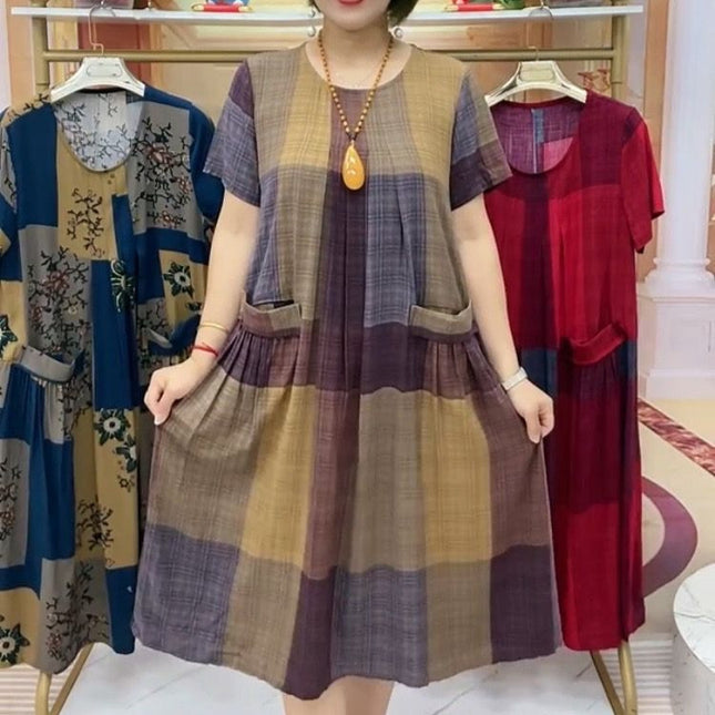 Cross-border Printing Women's New Plus Large Size Plus Size Fashionable Casual Square All-match Age-reducing Double-sided Large Board Pocket dress