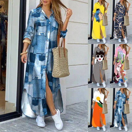 Amazon AliExpress Cross-border Women's New Fashion Long Sleeve Printed Shirt Dress Long dress