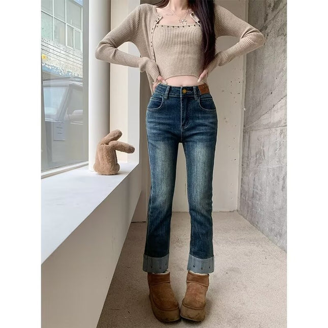 plus size Vintage Stretch Jeans Women's Autumn New chubby girl Small Slim Look High Waist Cropped Straight Pipe Pants
