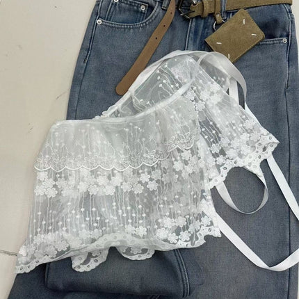 White Mesh Lace Fart Curtain Women's Hem Stacked Wear with Hip Covering Atmosphere Sense Slimming High Waist Lace Skirt