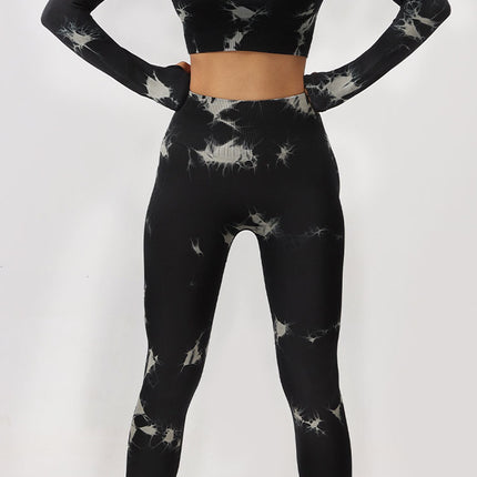 European and American Cross-border Seamless Tie-dyeing Fitness Sports Long Sleeve High Waist Peach Belly Tight Pants Yoga Sports suit