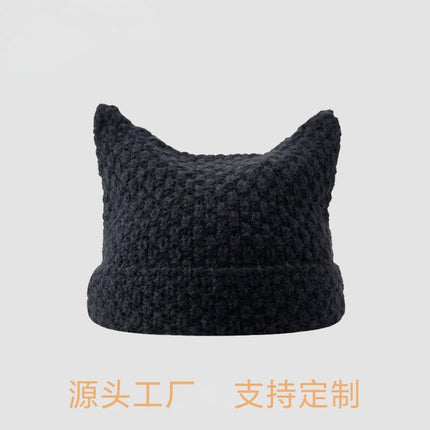 New Cross-border Foreign Trade Striped Deviruchi Knitted Hat Autumn and Winter Ear Protection Warm Face Hair Ball Small Wool Hat