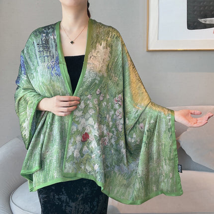 Van Gogh Monet oil painting double-sided double-layer silk scarf women's long 180x70 new silk satin popular fashion scarf shawl New