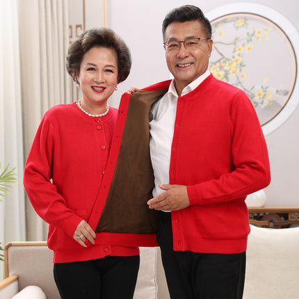 Autumn and Winter Thickened Middle-aged and Elderly Sweater Wool Pure Face Solid Color Jacket Cardigan Elderly Couple Dress Red Festive Parents