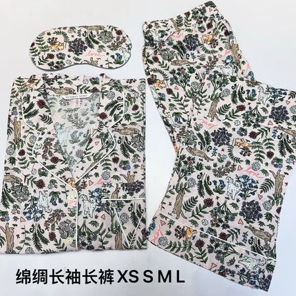 2025 Big-Name Catwalk Export Brushed Cotton Long-Sleeved Women's Pajamas Printed Casual French Outer Wear Home Clothes with Eye Mask