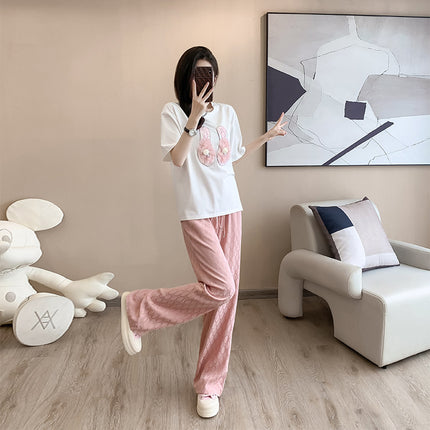 2024 Summer TikTok Explosions High-end Embroidered Beads Handmade Bead T-Shirt Women's Floating Embroidered Pants Women