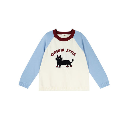 Shuangtian 2025 New Autum Plus Size Women's Knitwear Fat Girl Cartoon Cat Contrast Color Knitwear F561