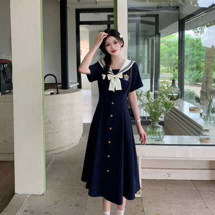 Plus-Size Women's Clothing 2026 Summer New Style Navy Collar Dress with Embroidery, Age-Reducing and Slimming A-Line Long Dress for Curvy Women
