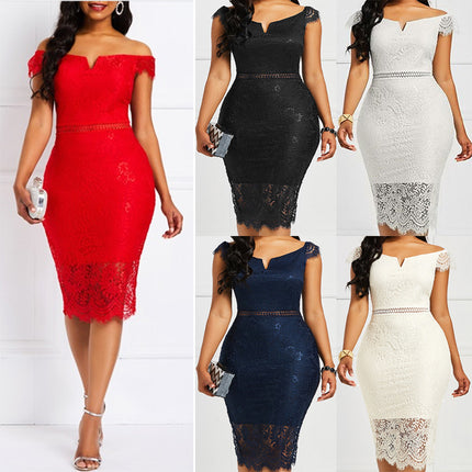 Factory Ready-Made Cross-Border European and American Evening Dress Short-Sleeved V Neck Off-Shoulder Sexy Mid-Length Hip-Hugging Lace Dress Wholesale