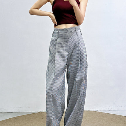Fan-Favorite: New Spring/Summer Houndstooth Pants for Women, High-Waisted Wide-Leg Pants, Straight Loose Fit, Slimming Suit Pants