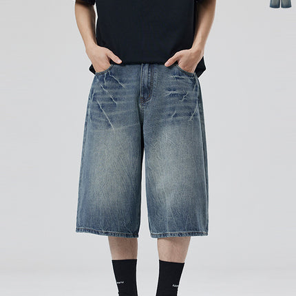 LKTM Men's# American Retro Old Blue Lightning Pattern Denim Shorts Men's and Women's Loose Straight Shape Cropped Pants