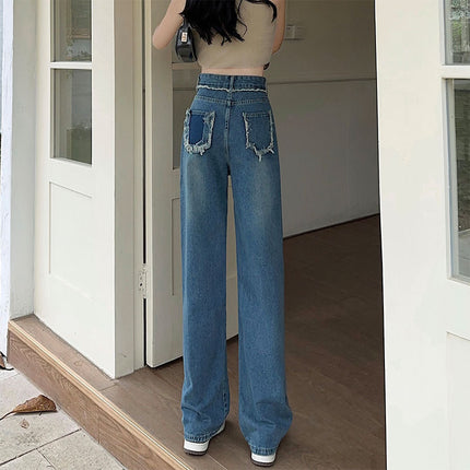 Fashion Rap Edge High Waist Small Straight Wide Leg Denim Trousers Women's Internet Celebrant Retro Rear Pocket Contrast Color Mop Pants