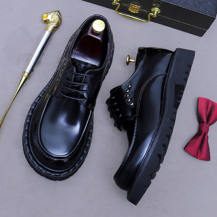 Men's Genuine Leather Business Formal Loafers with Thick Soles, Breathable Derby Shoes with a Glossy Finish