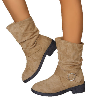 2025 Export Large Size Pleated Pile Boots for Women Autumn and Winter New Suede Western Cowboy Boots Thick Heel Short Boots in Stock