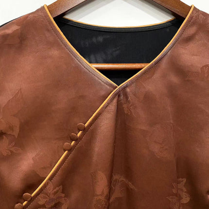 【Brown Robe】Silk Xiangyunsha Vintage Base Shirt for Women, Versatile Slimming Patchwork Top