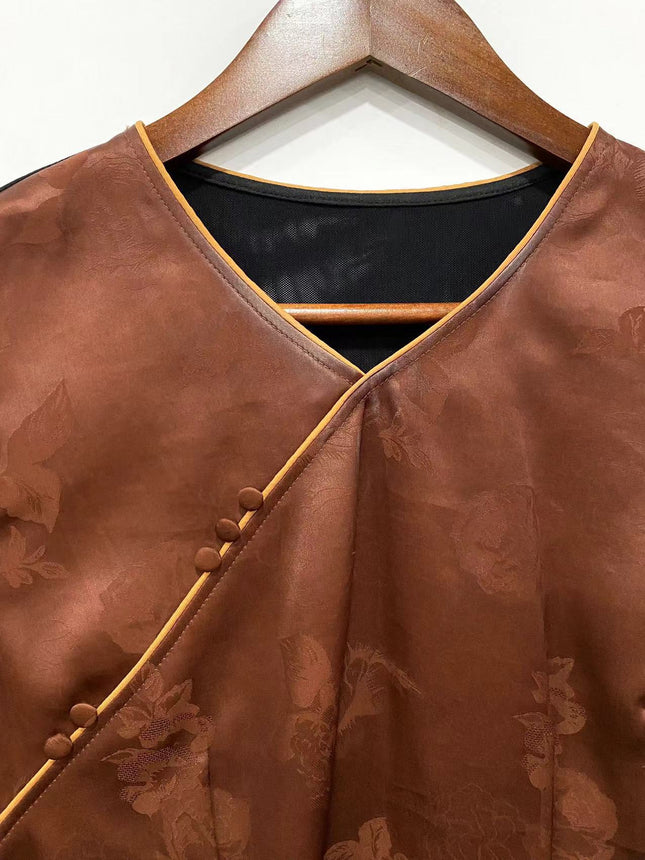 【Brown Robe】Silk Xiangyunsha Vintage Base Shirt for Women, Versatile Slimming Patchwork Top