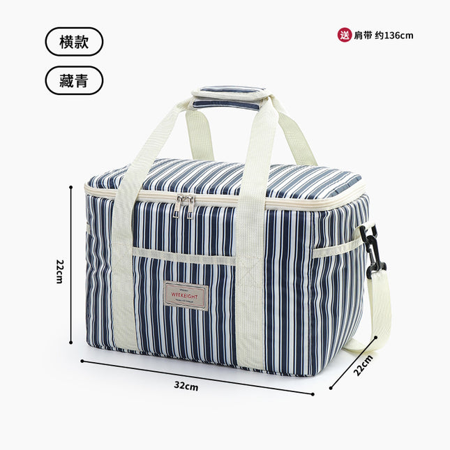 Vertical Stripesd Thermal Insulation Picnic Bag Outdoor Travel Camping Style Satchel Storage Bag Thickeneded Large Capacity Waterproof and Stain-Resistant