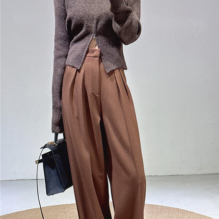 Spring and Autumn New Style Old Money Style Brown Coffee Color Suit Pants for Women, Wide-Leg Pants with Drape Effect, Slimming, Extended Length for Tall Individuals, Straight-Leg Pants