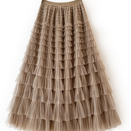 Sauze Skirt Women's Sweet Multi-Layer Cake Mesh Skirt light purple Elegant Elegant Elasticite Waist Princess A- Line Long Skirt