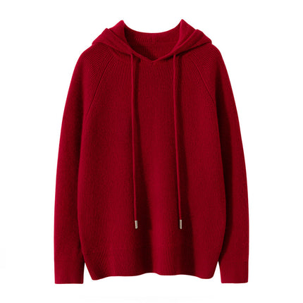Early Autumn New Hooded Women's Simple Solid Color Yuanbao Needle Hoodie Loose Slimming 100 Pure Cashmere Knitted Sweater