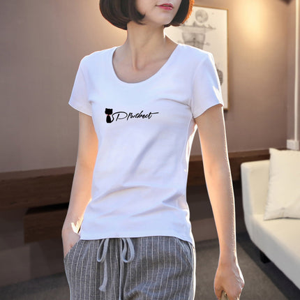 2025 New Summer White Short-Sleeved T-Shirt Women's V Neck Printed Korean Style Foreign Style Slim Shirt Simple Half-Sleeved