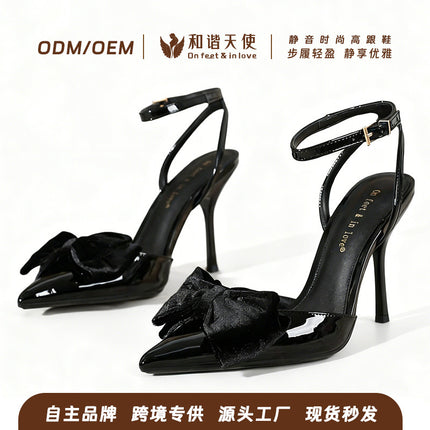 2025 French Princess Shoes Export Large Size Pure Color Bow Mule Shoes Women's Pointed Toe Half Drag Elegant Elegant