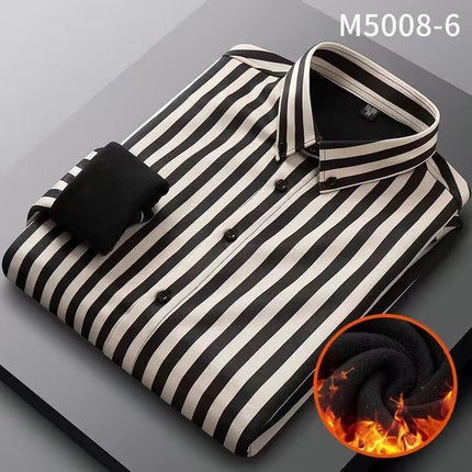 Winter New Elastic Warm One-piece Velvet Casual Men's Shirt Business Cold-proof fleece-lined Striped Shirt for Middle-aged and Elderly