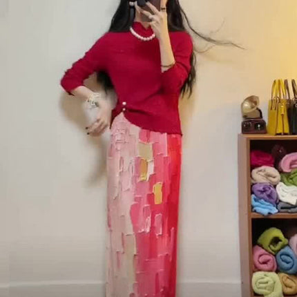 Miyake 2024 Summer New Chinese Style Slant-breasted Long-sleeved Three-dimensional Pleated Top Women's Two-piece Set with Tight Waist Skirt