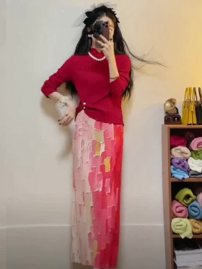 Miyake 2024 Summer New Chinese Style Slant-breasted Long-sleeved Three-dimensional Pleated Top Women's Two-piece Set with Tight Waist Skirt