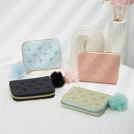 Daifa Korean Style Simple Clutch Bag 2024 Zipper Fur Ball Short Mini Solid Color Love Embroidered Throw Women's Wallet