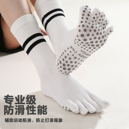 New Five-Finger Non-Slip Yoga Socks Pilates Sports Toe Socks Breathable Striped Middle Barrel Indoor Fitness Compression Socks
