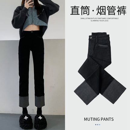 Black straight jeans women's spring and autumn small Winter wide leg baguette pants loose cropped high waist pipe pants