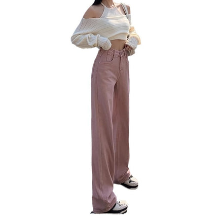Dirty Pink High Waist Wide Leg Jeans Women's Trendy All-match New Loose Slimming Casual Narrow Straight Long Pants