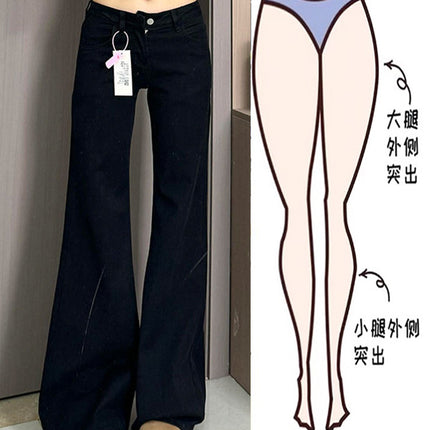 Black Low Waist No Leg Loose Micro-flare Jeans Women's Hot Girl Small Slim Look Trousers Straight Pants