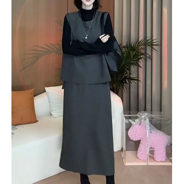 Upgraded Wearable Vest Top Skirt Three-Piece Set plus size Cover Flesh Slim suit 2024 Autumn