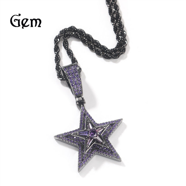 New European and American Style Hip-Hop Diamond-Encrusted Rotating Five-Pointed Star Pendant Necklace Amazon Hot-Selling Trendy Street Accessories