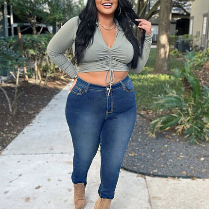 Guangzhou Order Production Temutiktokpop Dropshipping Plus-Size Women's High-Stretch Zippered Mid-Waist Skinny Jeans