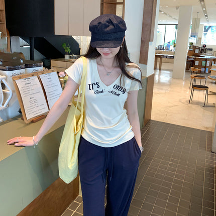 Affordable Women's Style Letter Printed V Neck Right Shoulder Short-Sleeved T-Shirt for Women 2025 Summer New Pure Pinch Waist Sexy Top