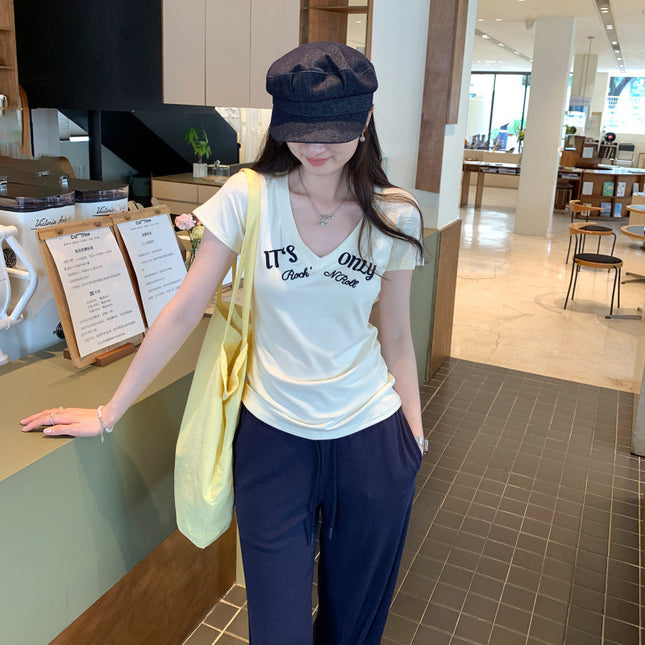 Affordable Women's Style Letter Printed V Neck Right Shoulder Short-Sleeved T-Shirt for Women 2025 Summer New Pure Pinch Waist Sexy Top