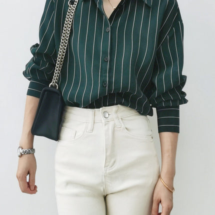 Special Offer: Commuter Ol Style, Simple and Elegant Seaweed Green Striped Print Silk Shirt for Women, Long-Sleeve Button-Up Mulberry Silk Blouse