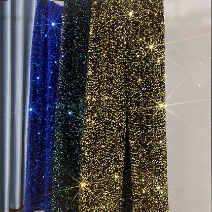 Autumn and Winter New Korean Velvet Sequin Wide Leg Pants Long Dose Slimming Mop Pants Shiny Casual Straight Pants for Women