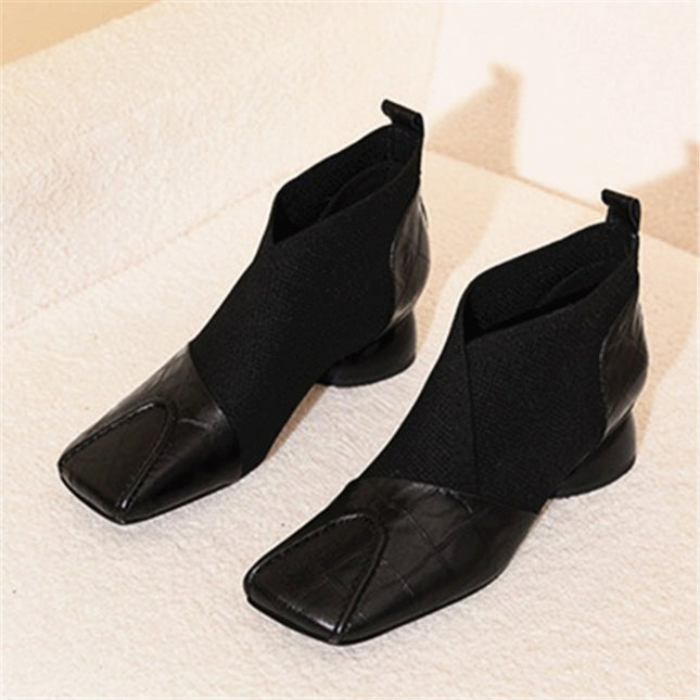 Fashionable Splicing Comfortable Medium Heel Short Boots 2025 Autumn and Winter New Fashion Boots Women's Retro Square Toe Thick Heel Elastic Boots