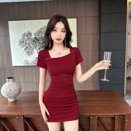 New 9174 Pure Desire Sexy Short Sleeve Dress for Women Nightclub Foot Bath Technician Waist Slimming Pleated Hip Wrap Short Dress