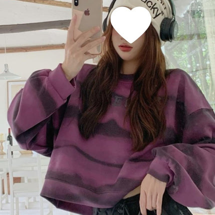 South Korea's Dongdaemun Tie-Dye Stripesd Printed Short Sweatshirt for Women Autumn 2024 New Loose High-Waisted Round Neck Top