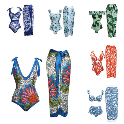 2024 New French lace-up swimsuit women's hot spring beach vacation one-piece bikini sexy printed suit swimsuit