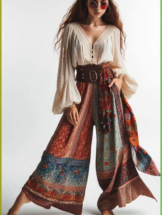 2025 Europe and the United States cross-border TEMU new hot selling Bohemian ethnic style printed color matching fashion casual pants women