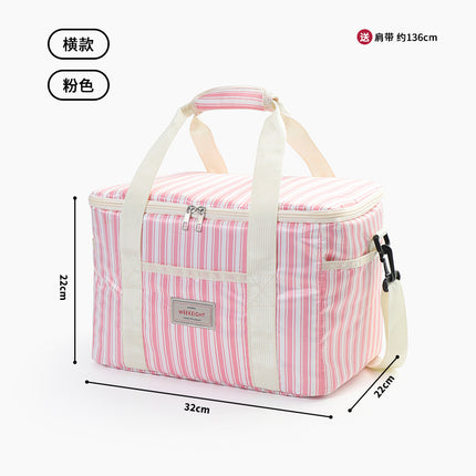 Vertical Stripesd Thermal Insulation Picnic Bag Outdoor Travel Camping Style Satchel Storage Bag Thickeneded Large Capacity Waterproof and Stain-Resistant